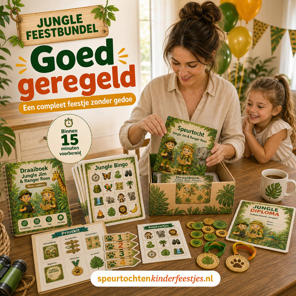 Ouder zet een complete Jungle feestbundel klaar voor een kinderfeestje zonder gedoe