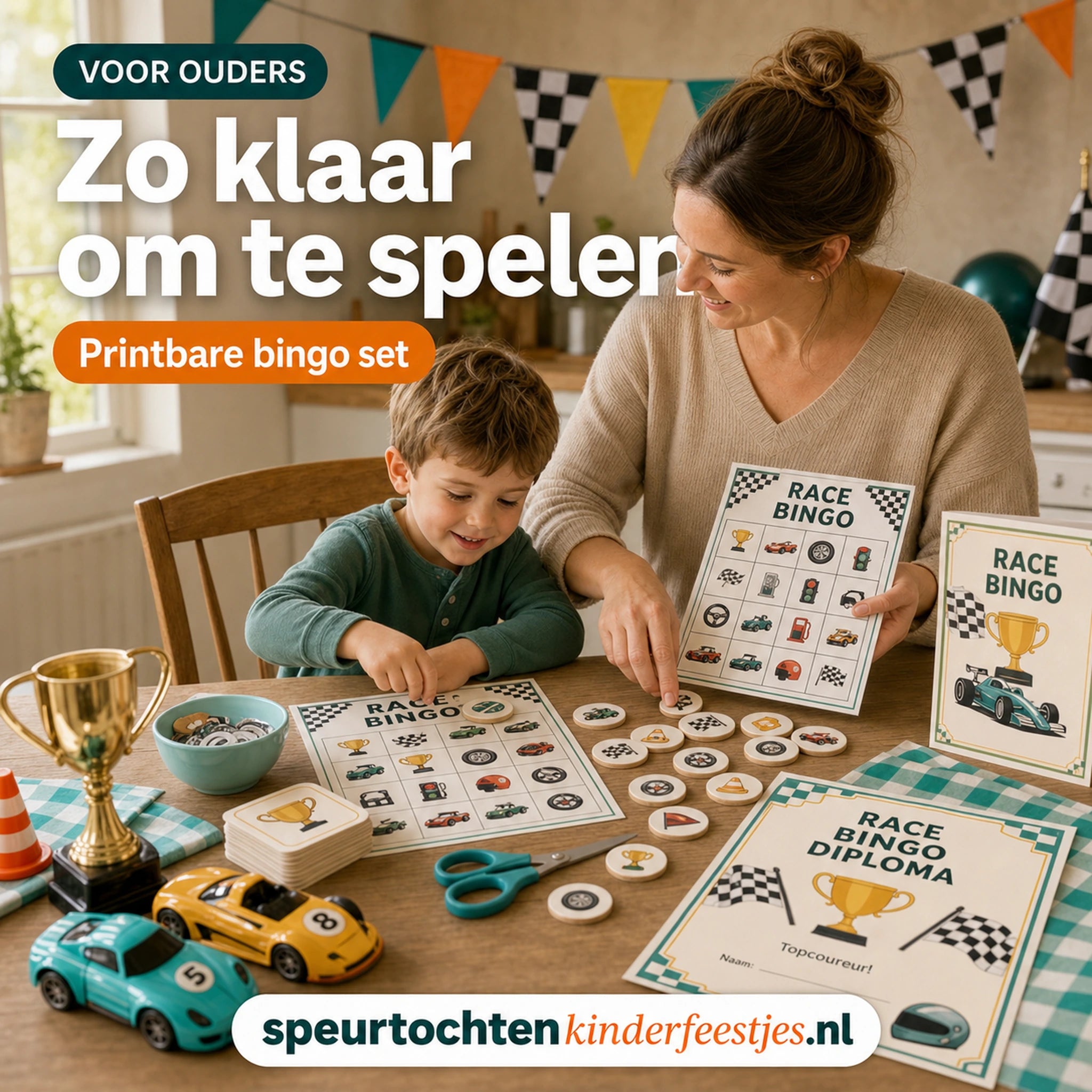 Ouder zet Racen bingo klaar met bingokaarten, roepkaartjes en afdekfiches