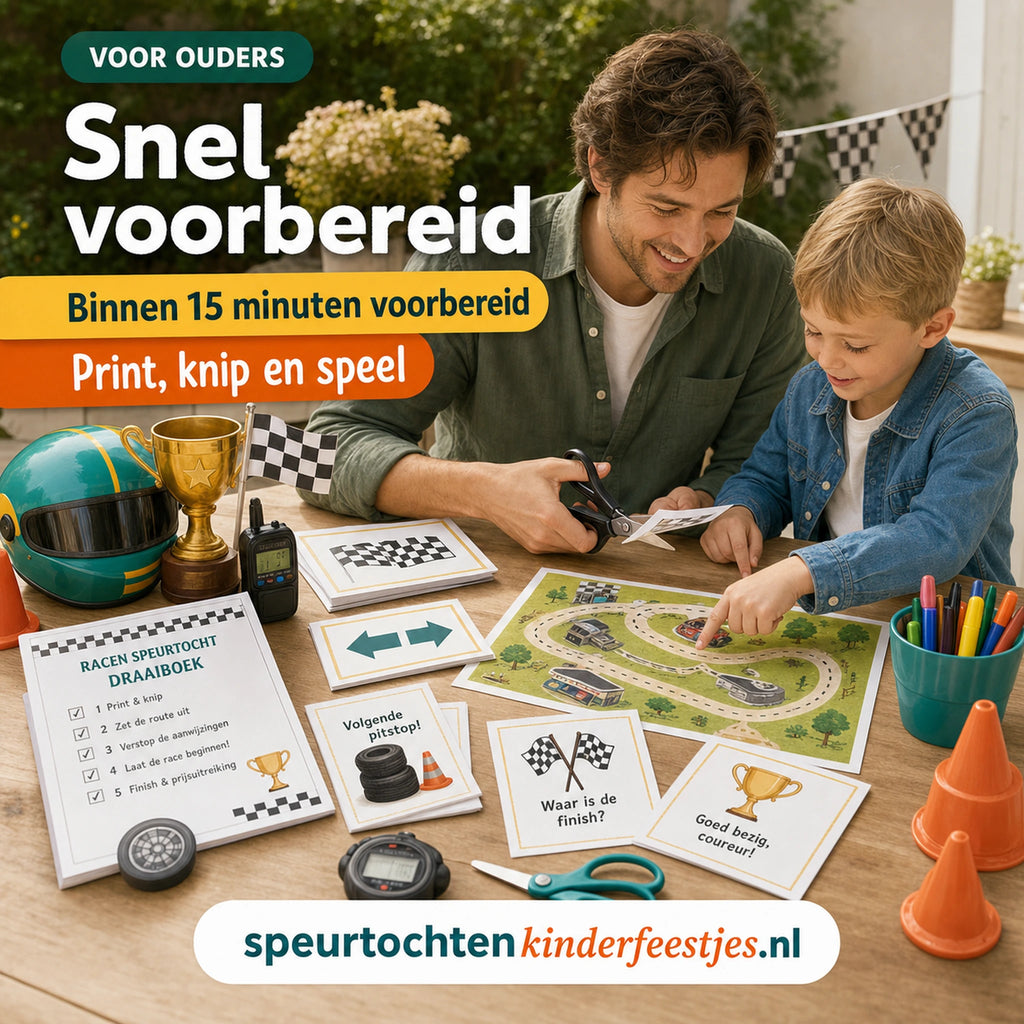 Ouder en kind bereiden de Racen speurtocht voor met printbare materialen