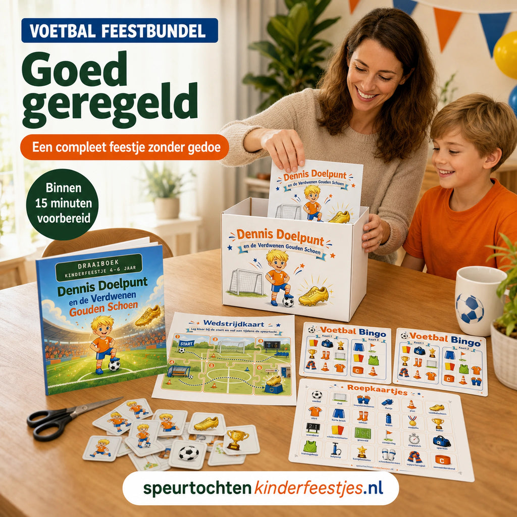Ouder zet een complete Voetbal feestbundel klaar voor een kinderfeestje zonder gedoe