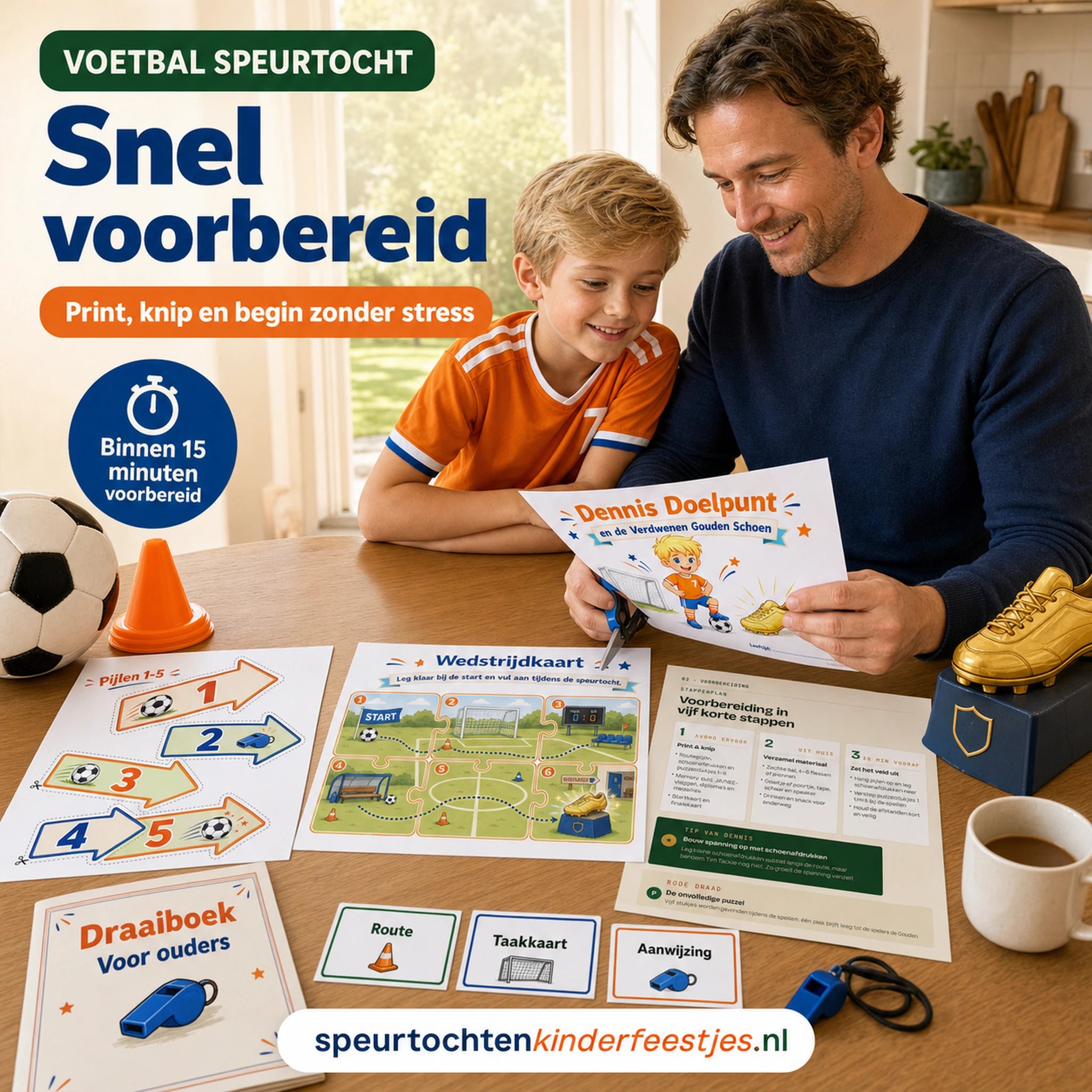 Ouder en kind bereiden de Voetbal speurtocht voor met printbare materialen