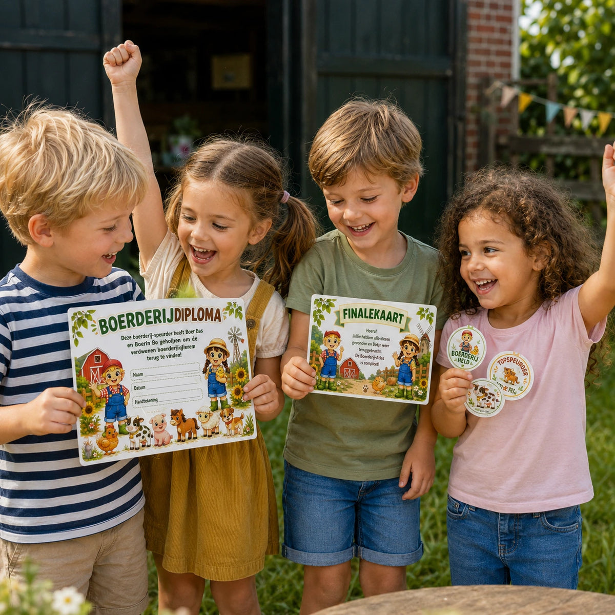Finale van de Boerderij speurtocht met diploma voor de kinderen.