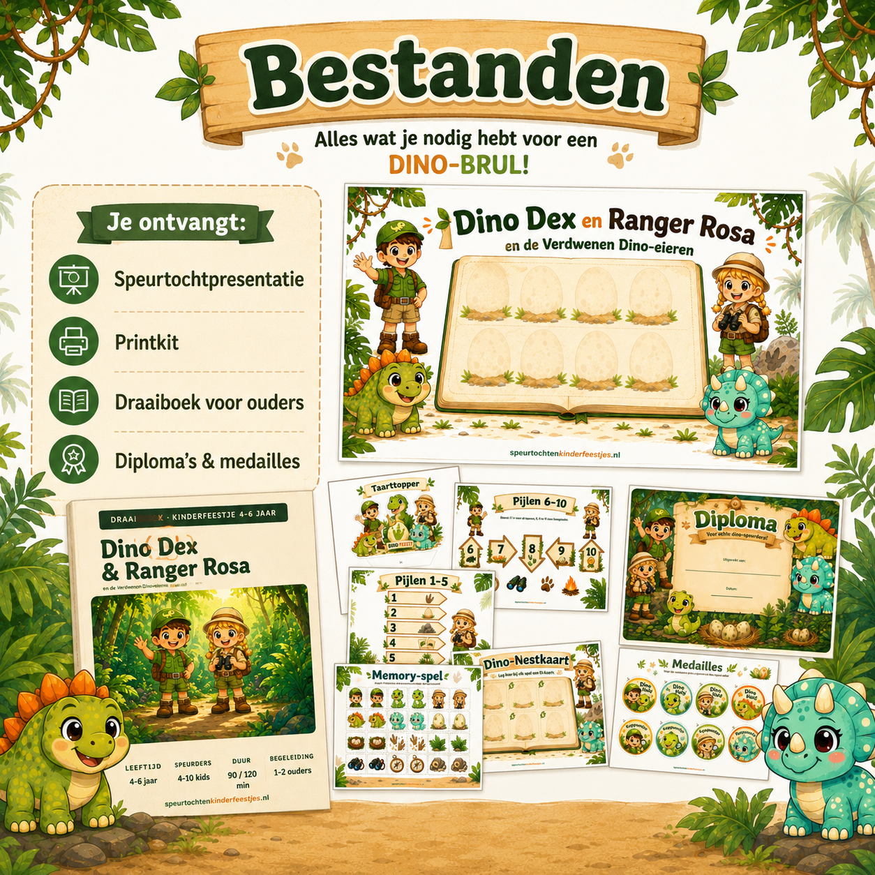 Dino Speurtocht Kinderfeestje 4, 5 en 6 jaar | Direct te Downloaden Printpakket