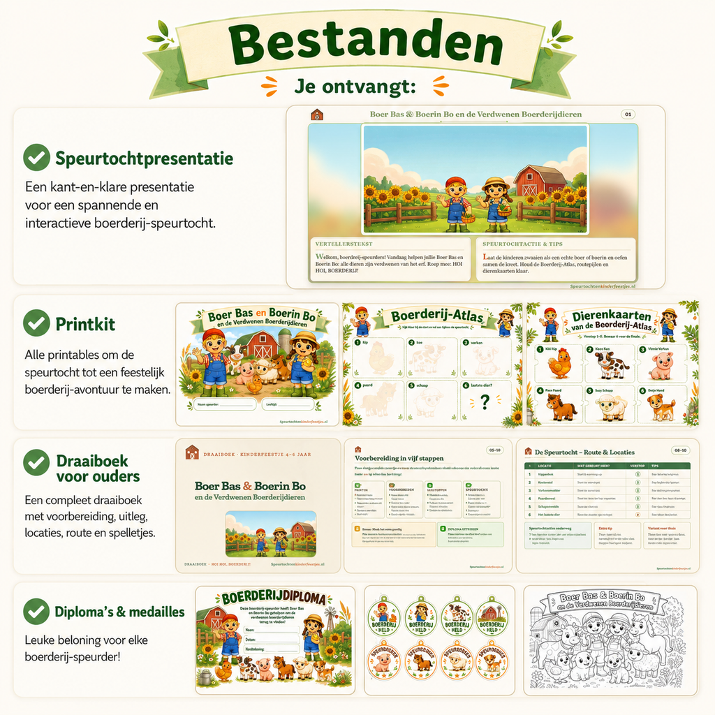 Boer Bas en Boerin Bo Speurtocht Kinderfeestje 4-6 jaar | Direct te Downloaden Printpakket