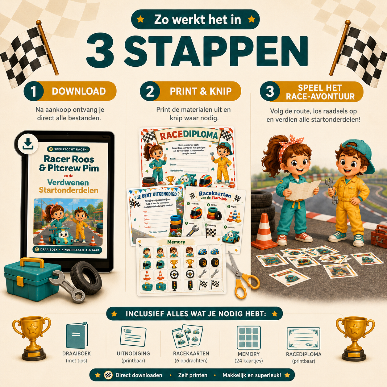 Racen Speurtocht Kinderfeestje 4, 5 en 6 jaar | Direct te Downloaden Printpakket