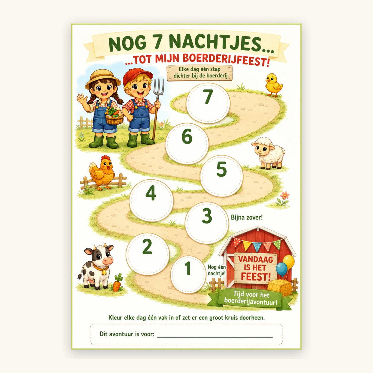 Boerderij aftelkalender voor een kinderfeestje - printbare kalender