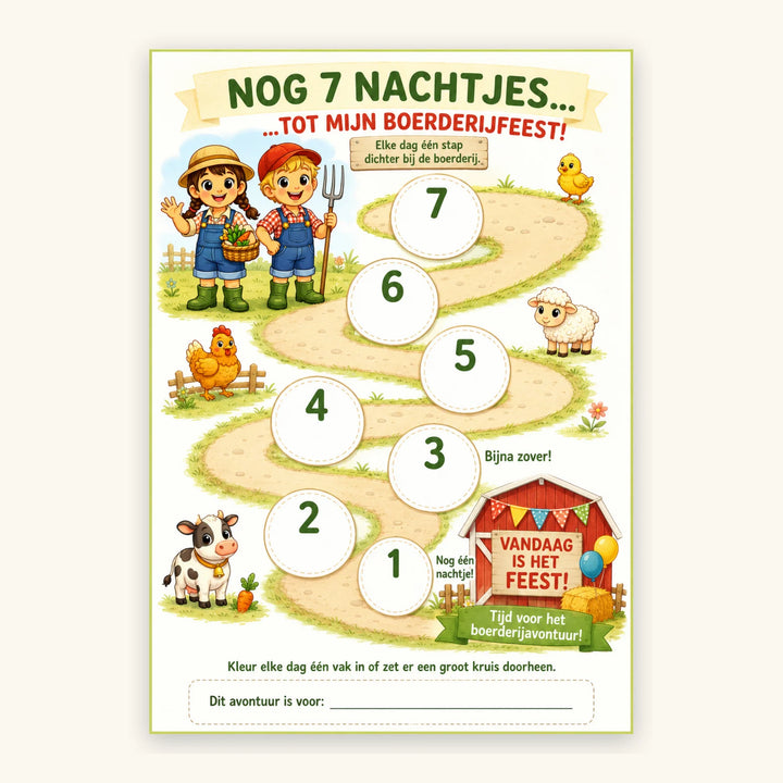 Boerderij aftelkalender voor een kinderfeestje - printbare kalender