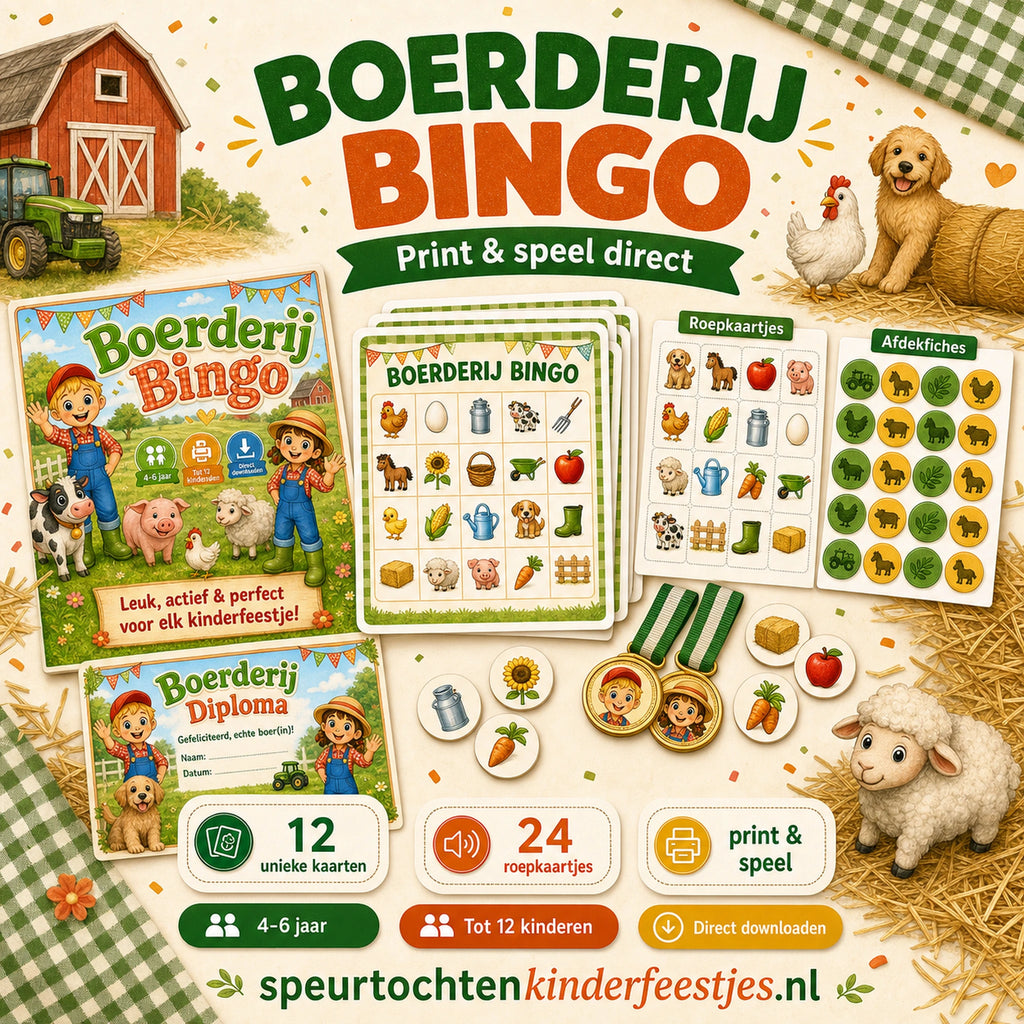 Mockup van Boerderij bingo met bingokaarten, roepkaartjes en afdekfiches