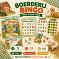 Mockup van Boerderij bingo met bingokaarten, roepkaartjes en afdekfiches