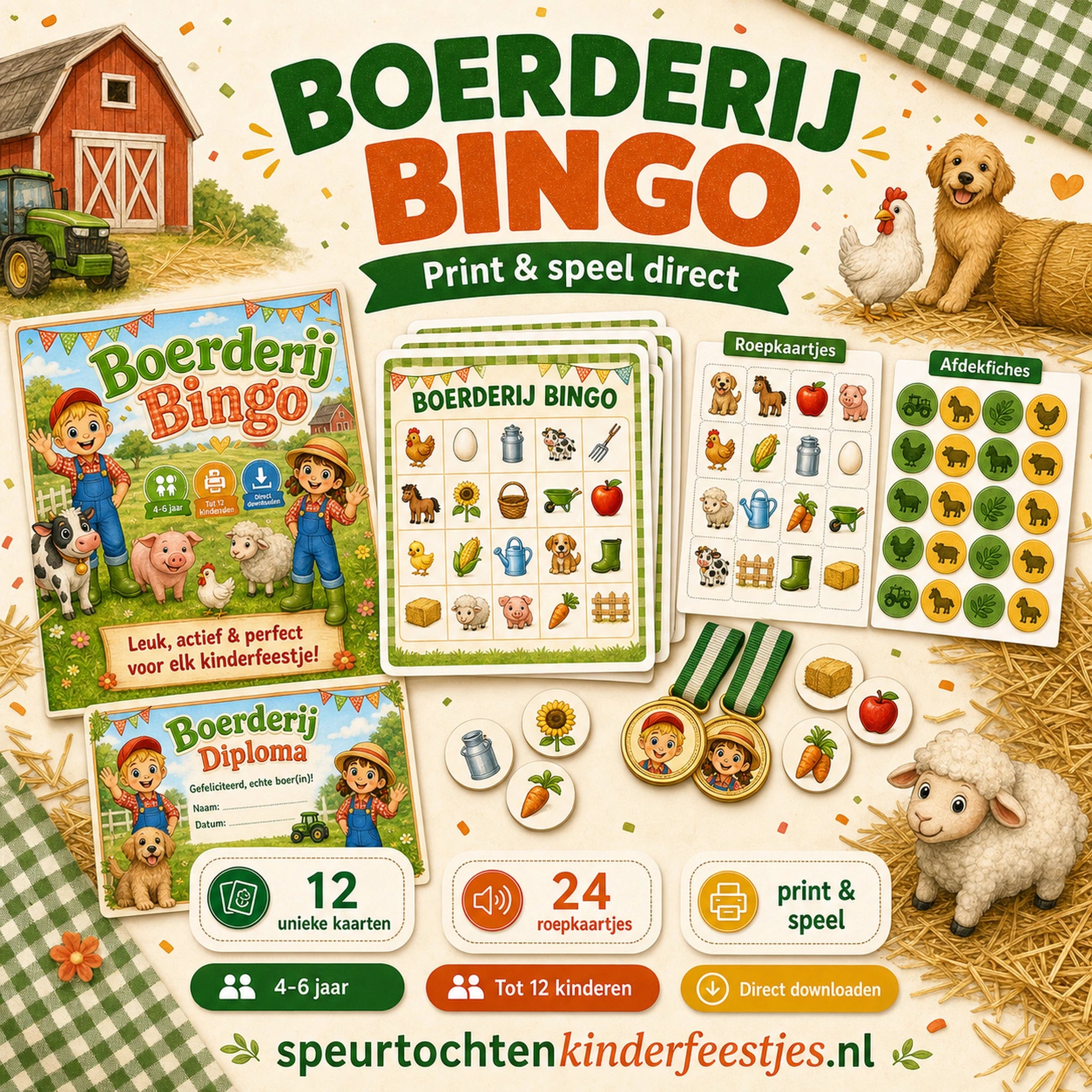 Mockup van Boerderij bingo met bingokaarten, roepkaartjes en afdekfiches