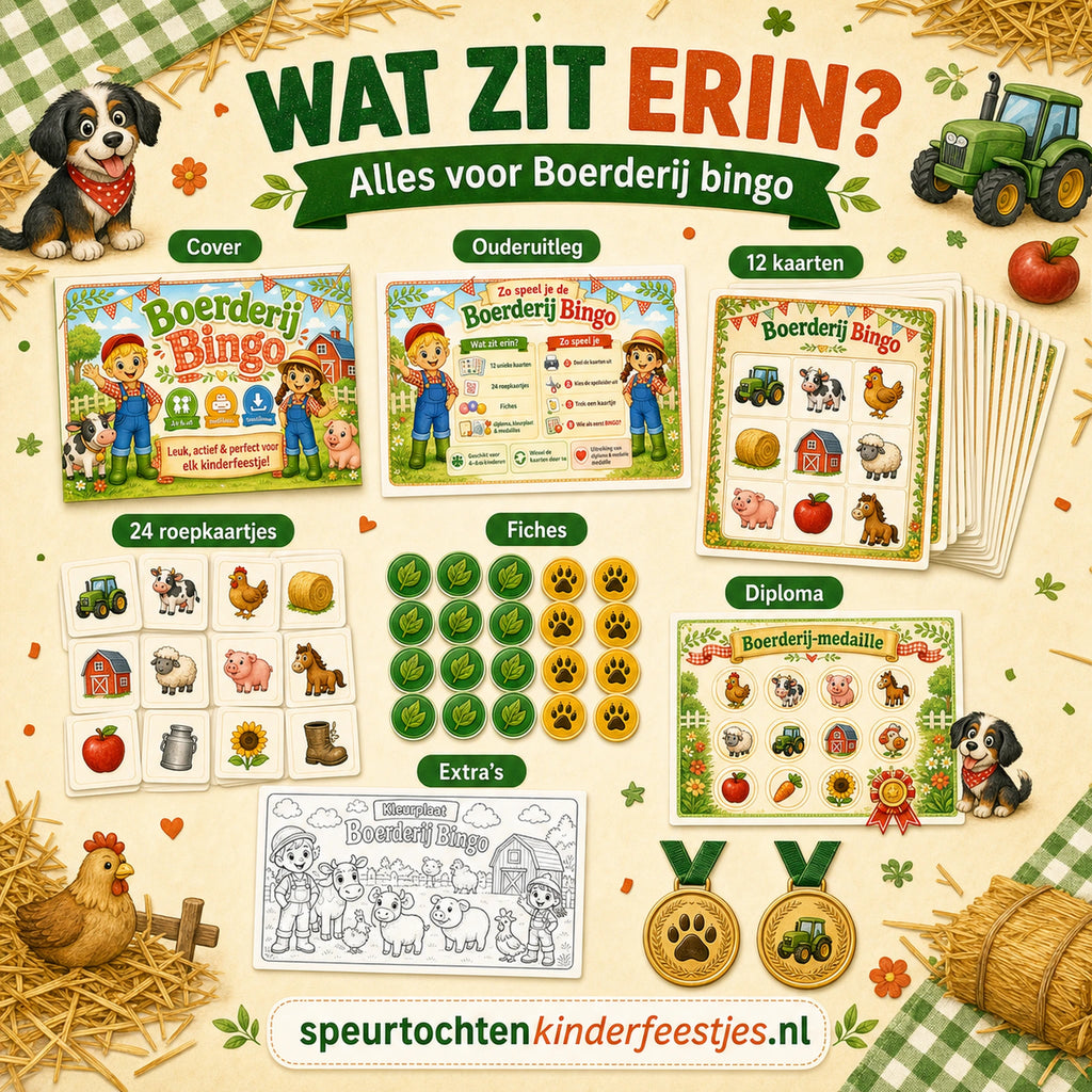 Overzicht van de Boerderij bingo set met 12 unieke kaarten, 24 roepkaartjes en extra's