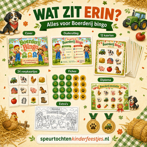 Overzicht van de Boerderij bingo set met 12 unieke kaarten, 24 roepkaartjes en extra's