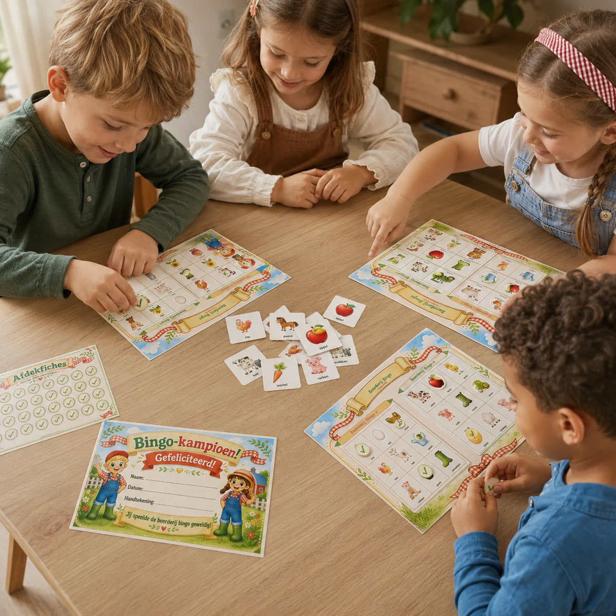 Kinderen spelen samen de Boerderij bingo aan tafel.