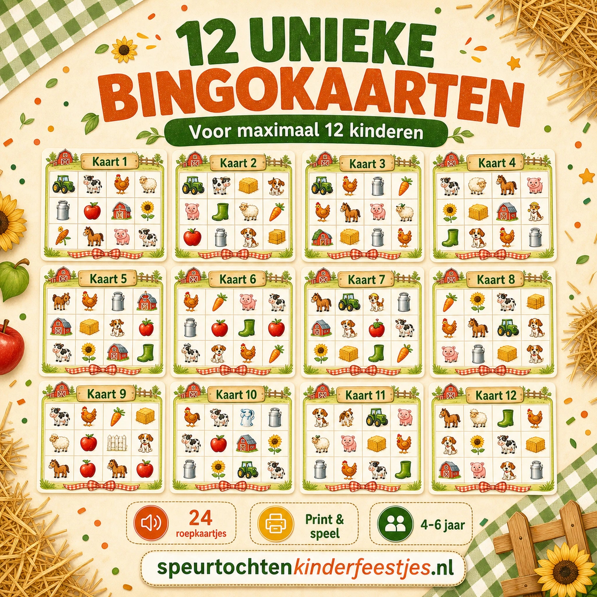 Twaalf unieke Boerderij bingokaarten voor kinderen van 4 tot 6 jaar