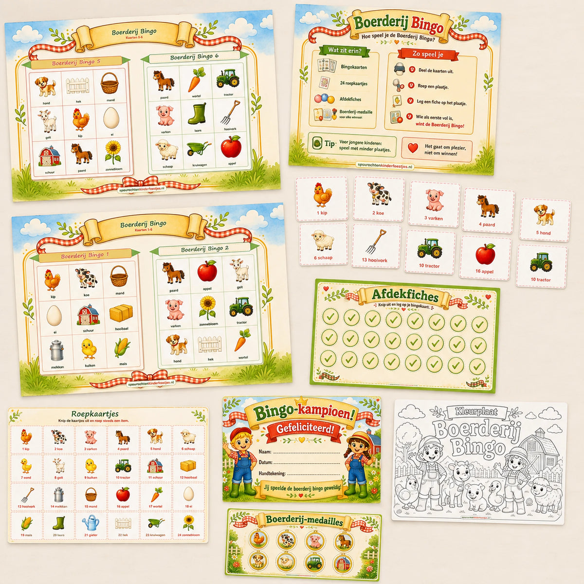 Complete inhoud van de Boerderij bingo met kaarten en spelmateriaal.