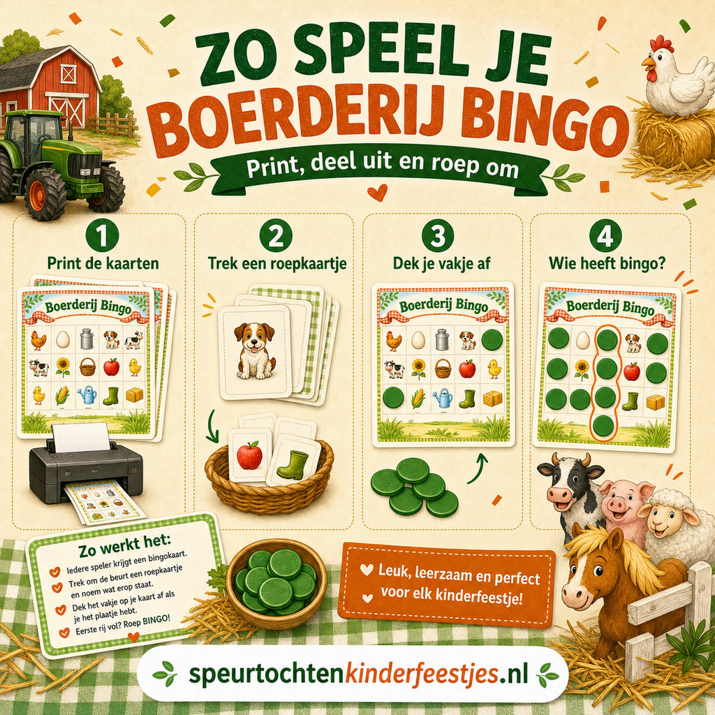 Uitlegbeeld voor het spelen van Boerderij bingo met kaarten, roepkaartjes en fiches