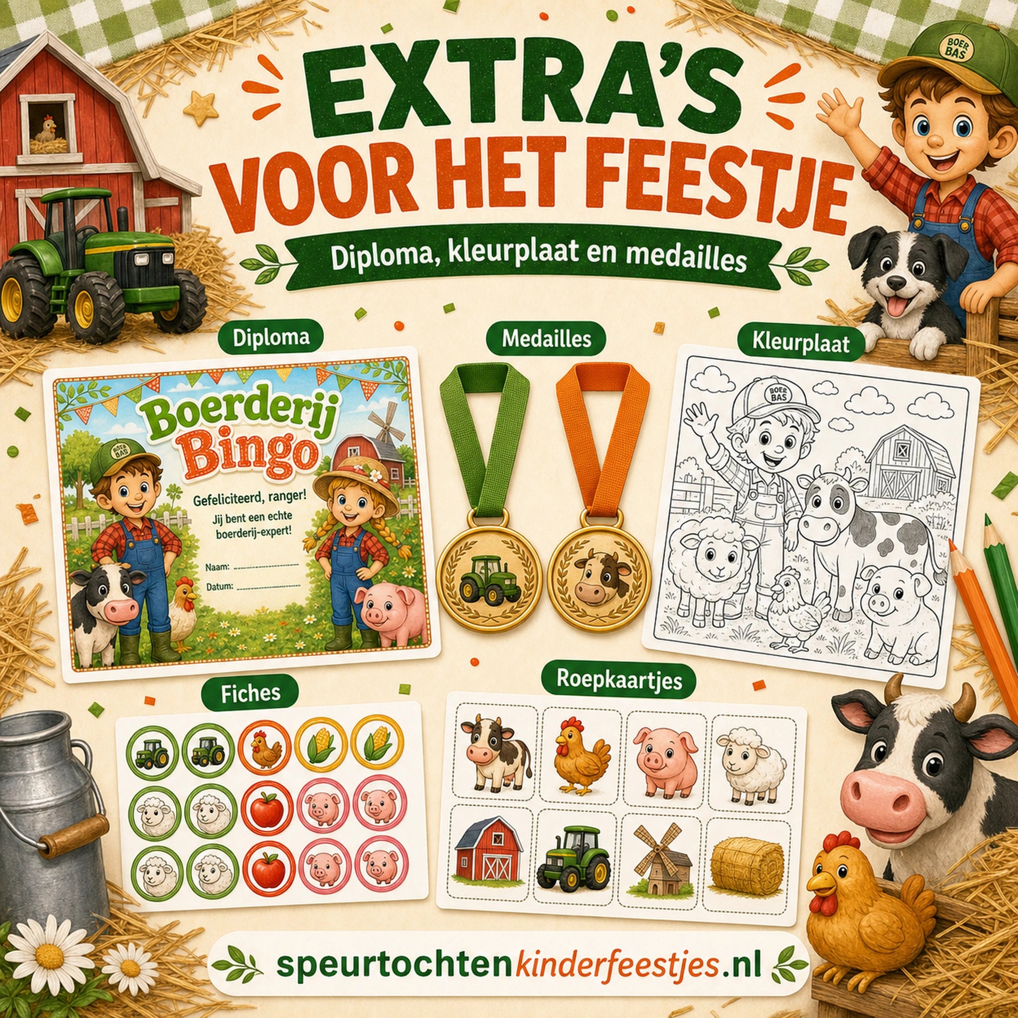 Extra printbare Boerderij bingo materialen zoals diploma, medailles, kleurplaat en fiches