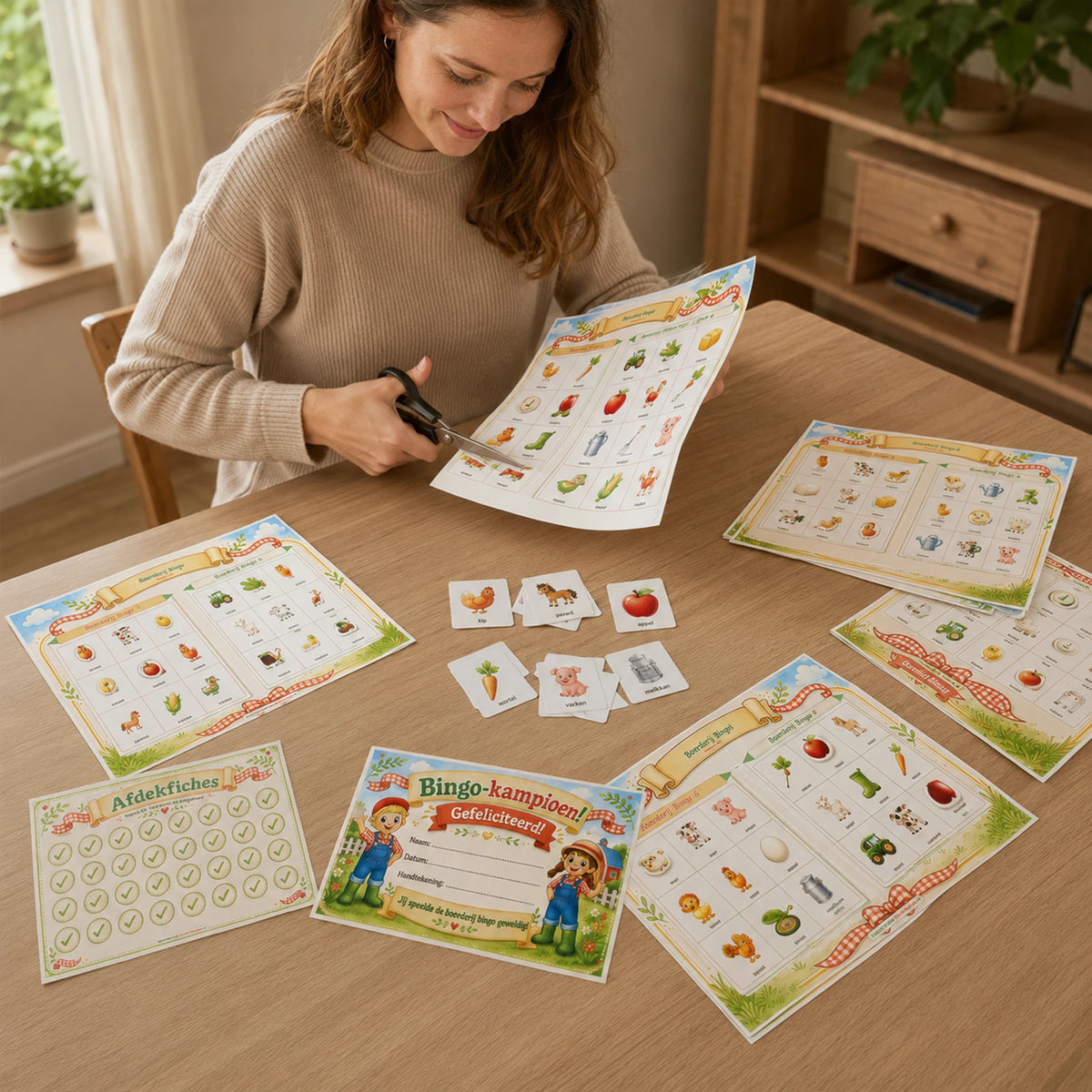 Ouder bereidt de printbare Boerderij bingo voor.