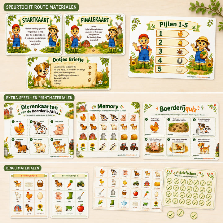Complete inhoud van de Boerderij bundel met speurtocht, printkit en bingo.