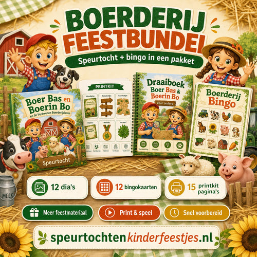 Mockup van de Boerderij feestbundel met speurtocht, printkit, draaiboek en bingo