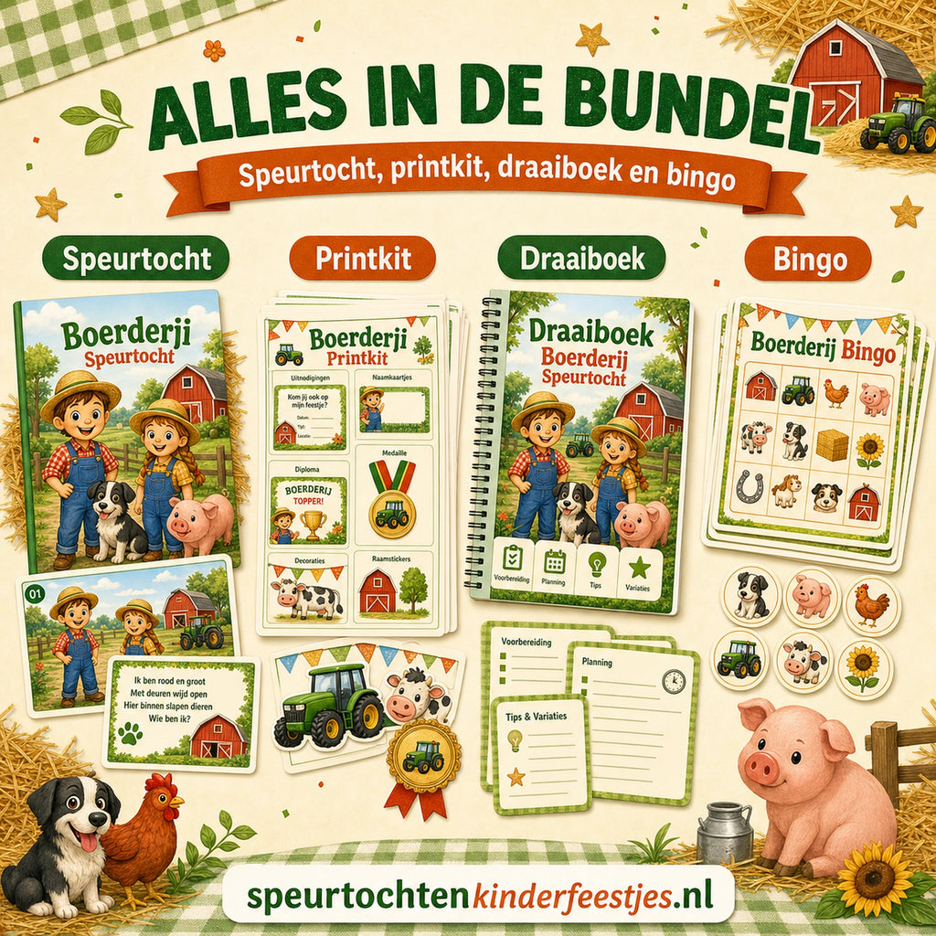 Overzicht van de Boerderij bundel met speurtocht, printkit, draaiboek, bingo en extra feestmateriaal