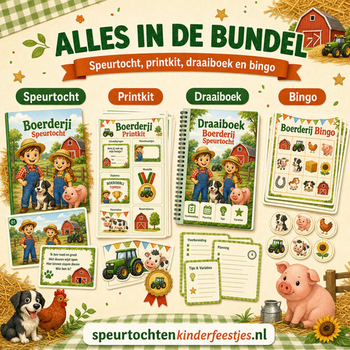 Overzicht van de Boerderij bundel met speurtocht, printkit, draaiboek, bingo en extra feestmateriaal