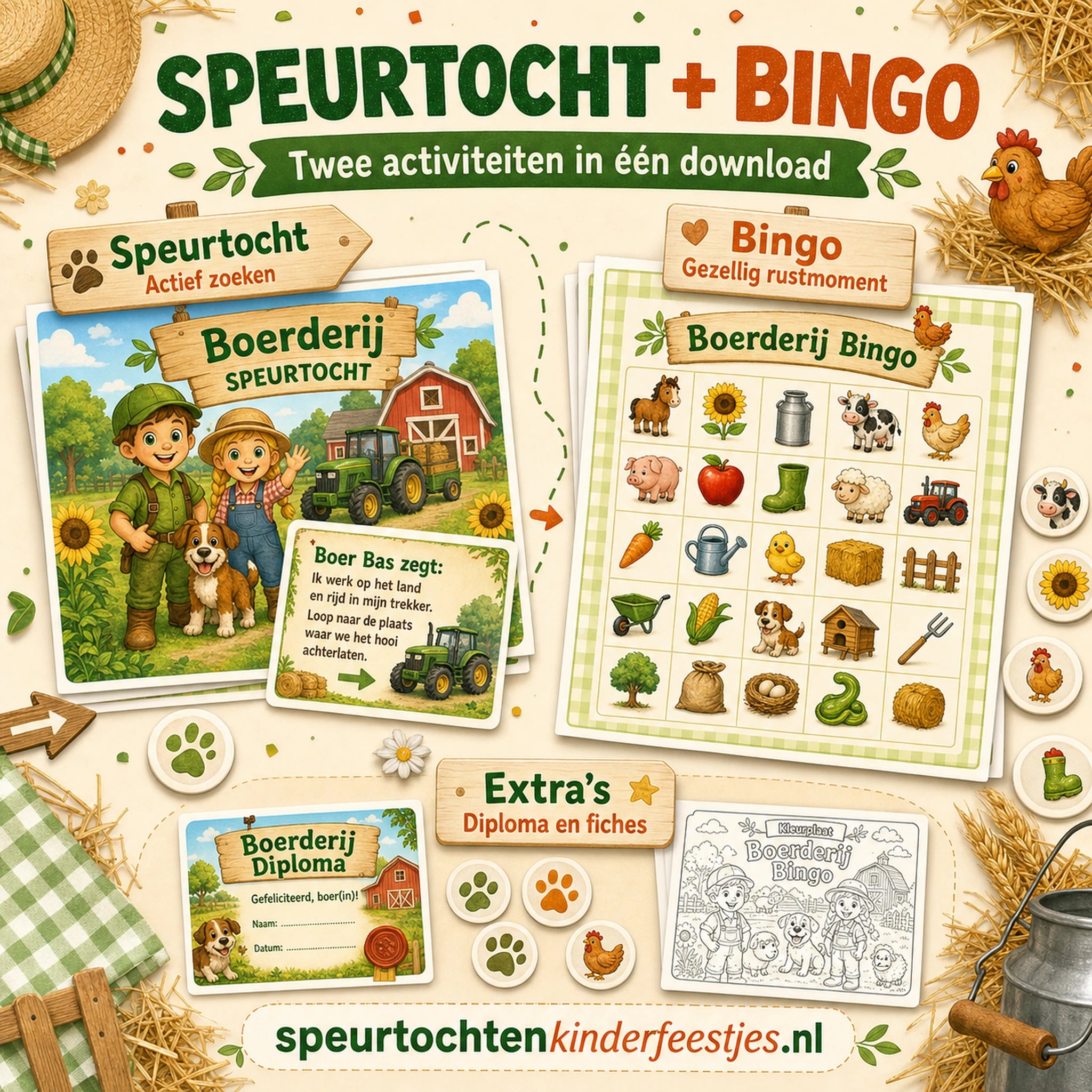 Boerderij bundel met speurtocht en bingo als twee activiteiten in een pakket