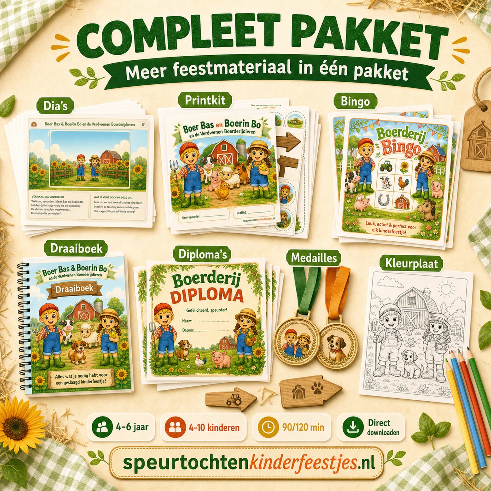 Compleet Boerderij pakket met speurtocht, printkit, draaiboek, bingo en extra feestmateriaal