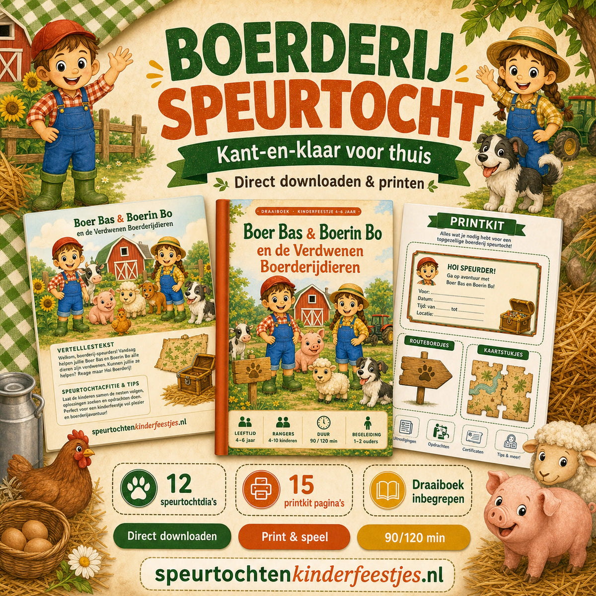 Mockup van de Boerderij speurtocht met speurtocht, printkit en draaiboek voor een kinderfeestje thuis