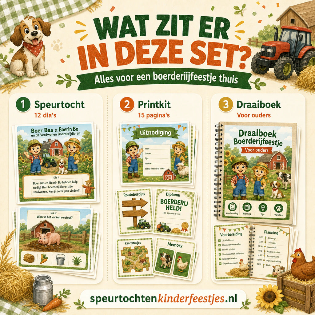 Overzicht van de Boerderij speurtocht set met speurtochtdia's, printkit en draaiboek