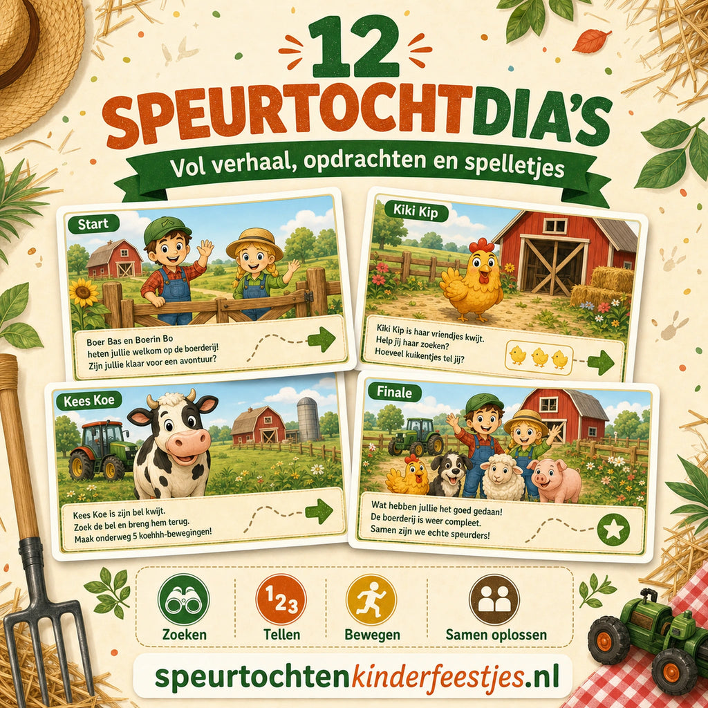 Voorbeeld van twaalf Boerderij speurtochtdia's met verhaal, opdrachten en spelletjes