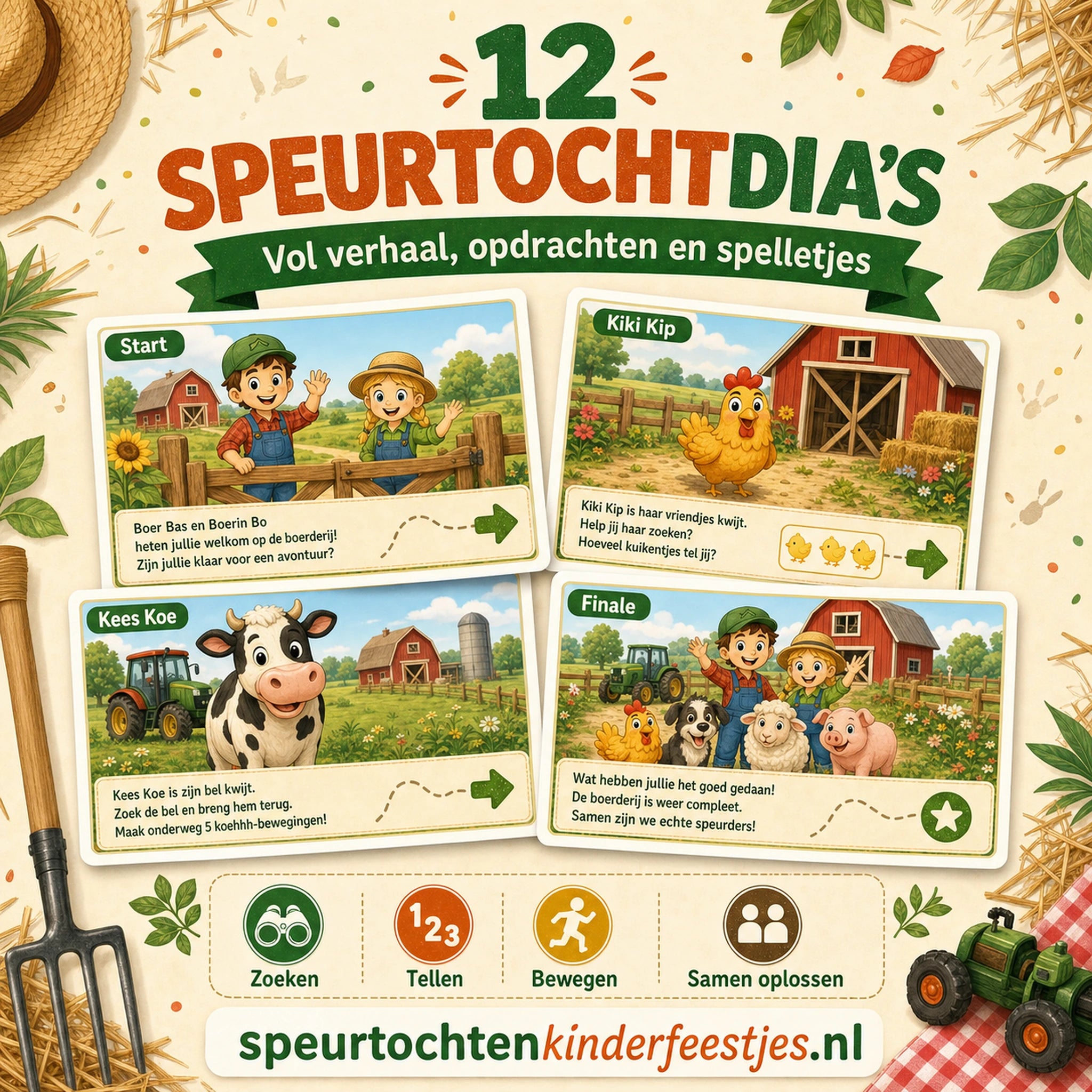 Voorbeeld van twaalf Boerderij speurtochtdia's met verhaal, opdrachten en spelletjes