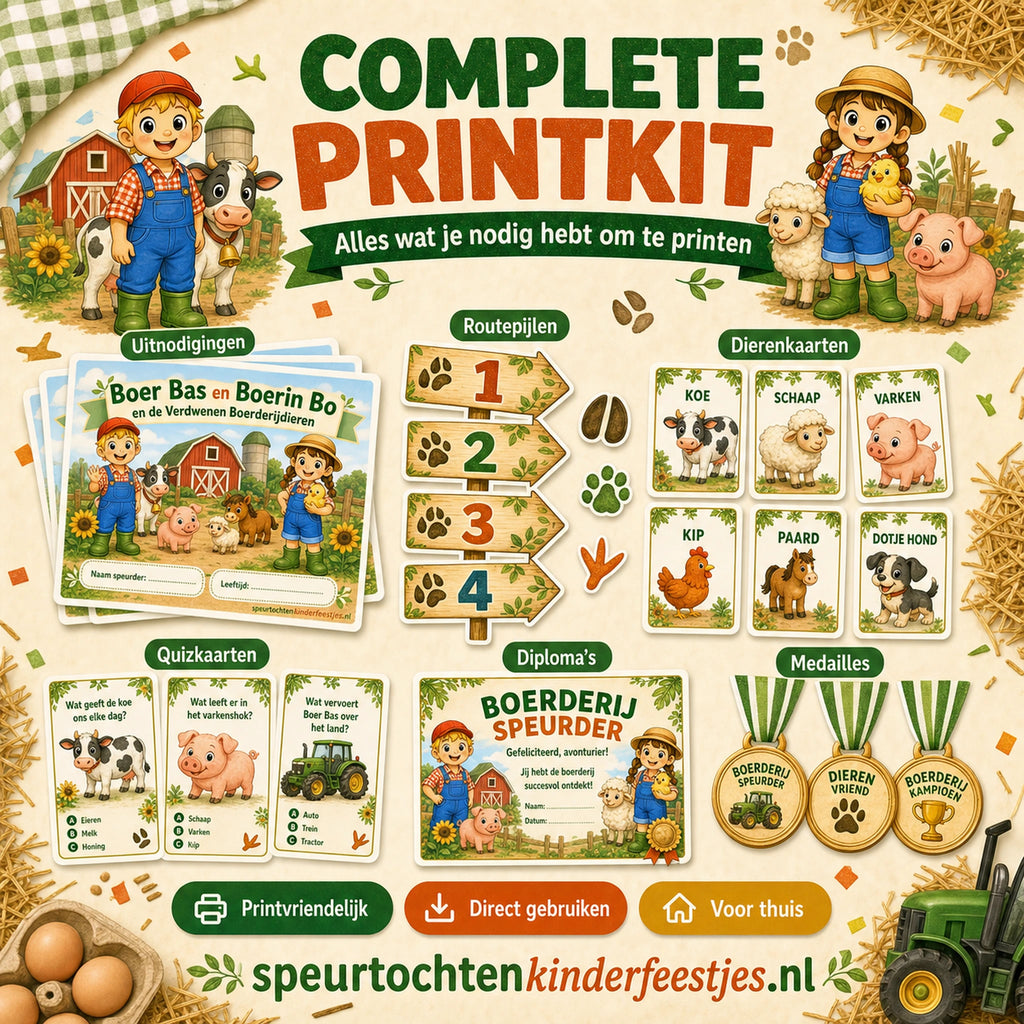 Boerderij printkit met uitnodigingen, spelmateriaal, diploma en extra onderdelen