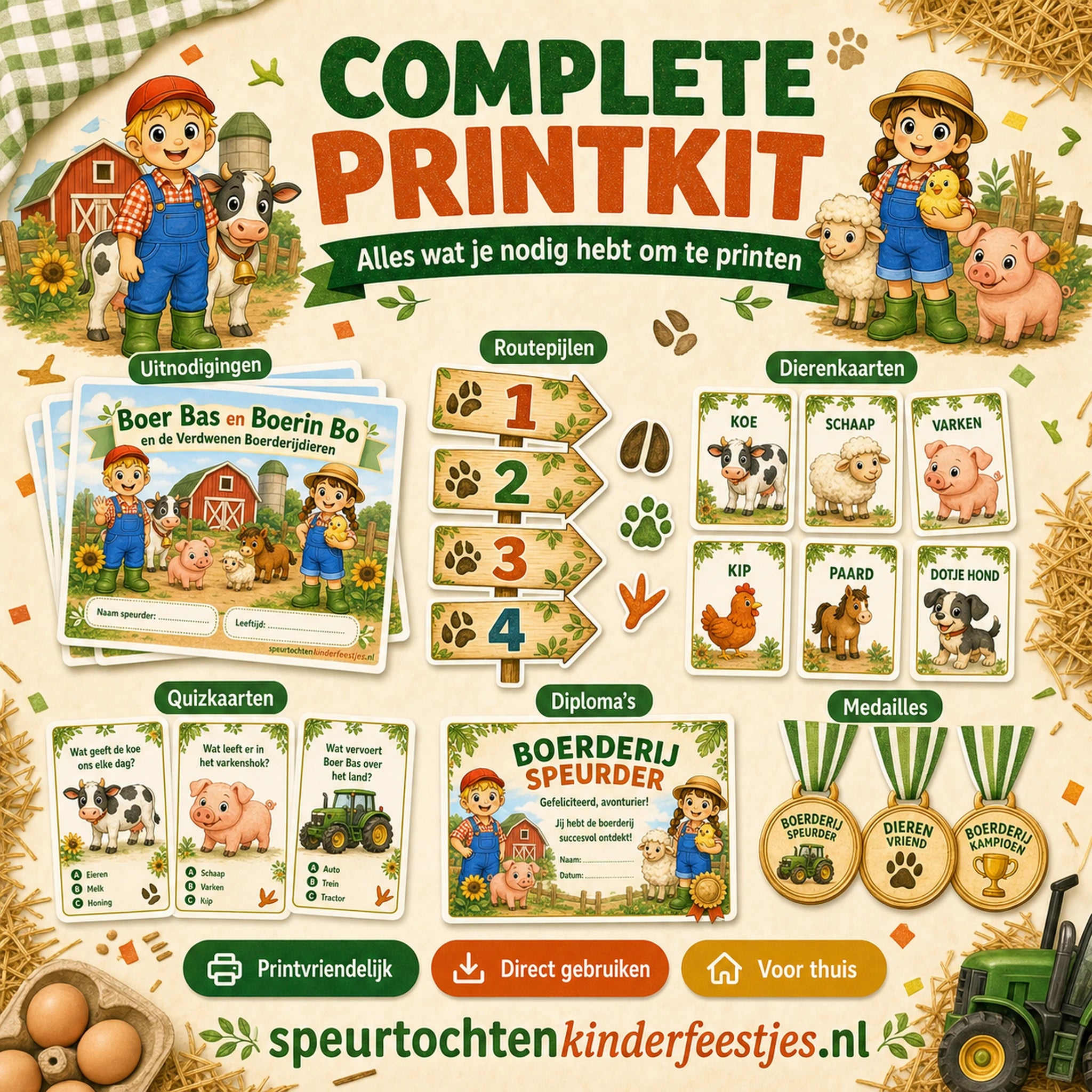 Boerderij printkit met uitnodigingen, spelmateriaal, diploma en extra onderdelen