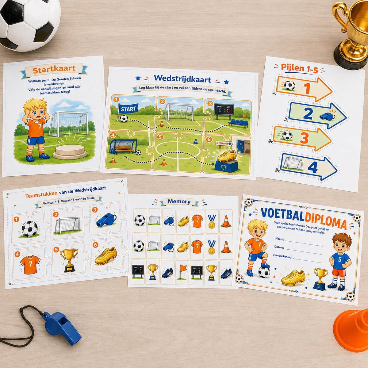 Printkit van de Voetbal speurtocht met printbare spelmaterialen.