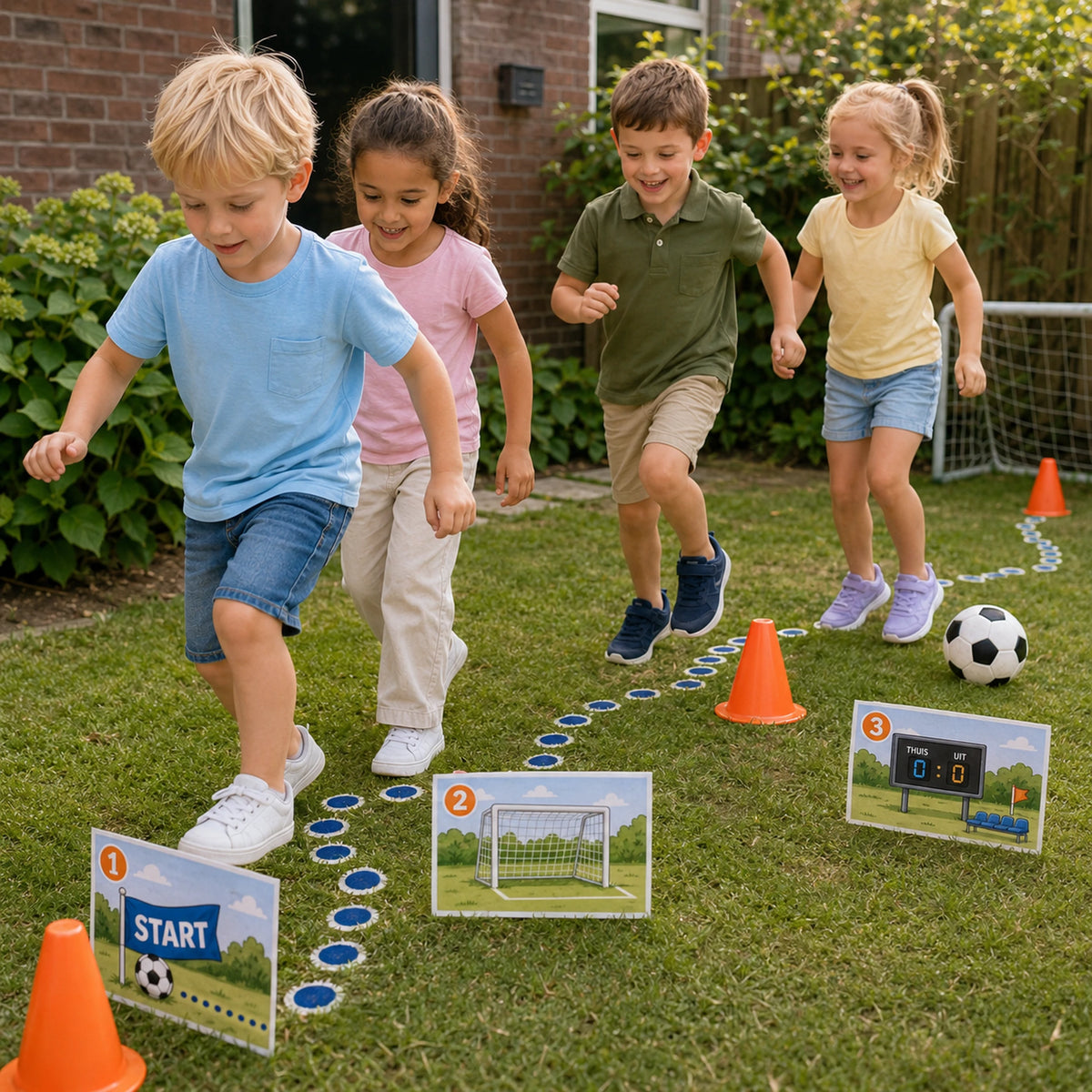 Kinderen spelen de Voetbal speurtocht met actieve opdrachten.