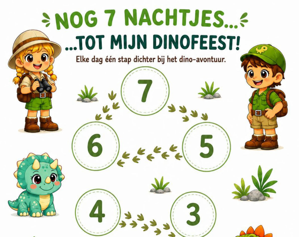 Close-up van de Dino aftelkalender: nog 7 nachtjes tot het dinofeest