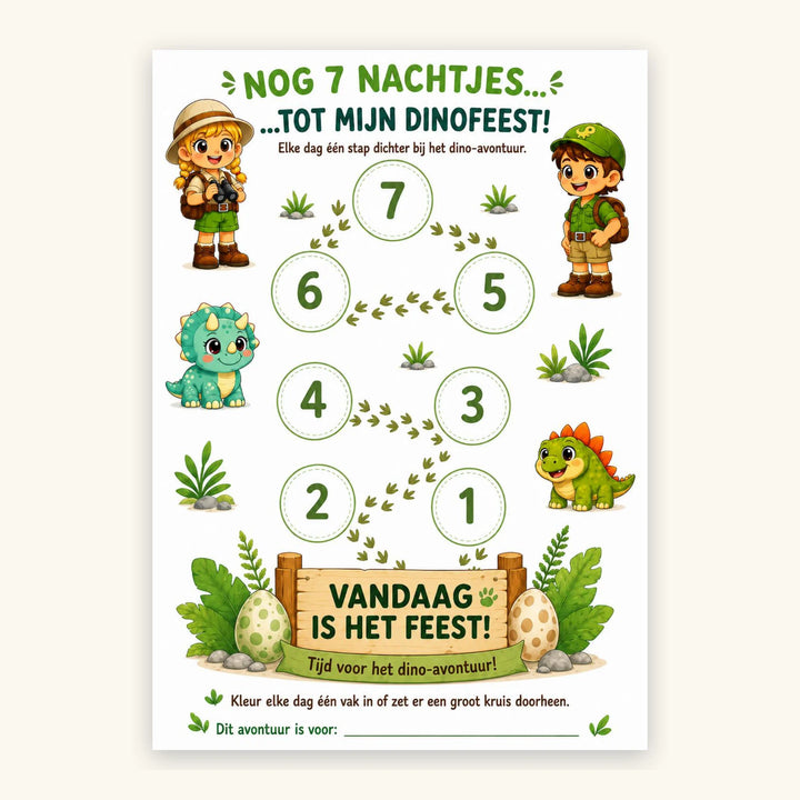 Dino aftelkalender voor een kinderfeestje - printbare kalender