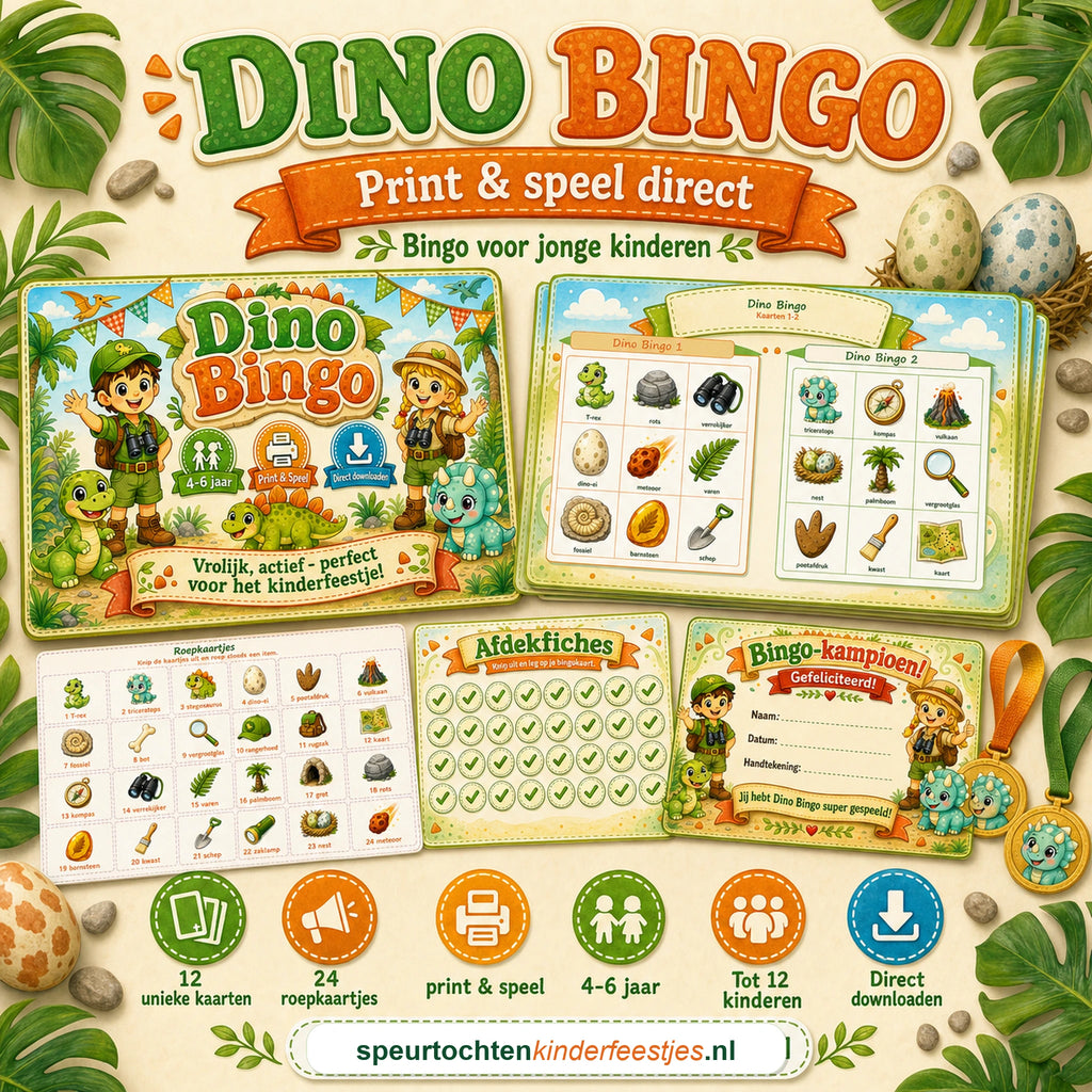 Mockup van Dino bingo met bingokaarten, roepkaartjes en afdekfiches