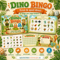 Mockup van Dino bingo met bingokaarten, roepkaartjes en afdekfiches