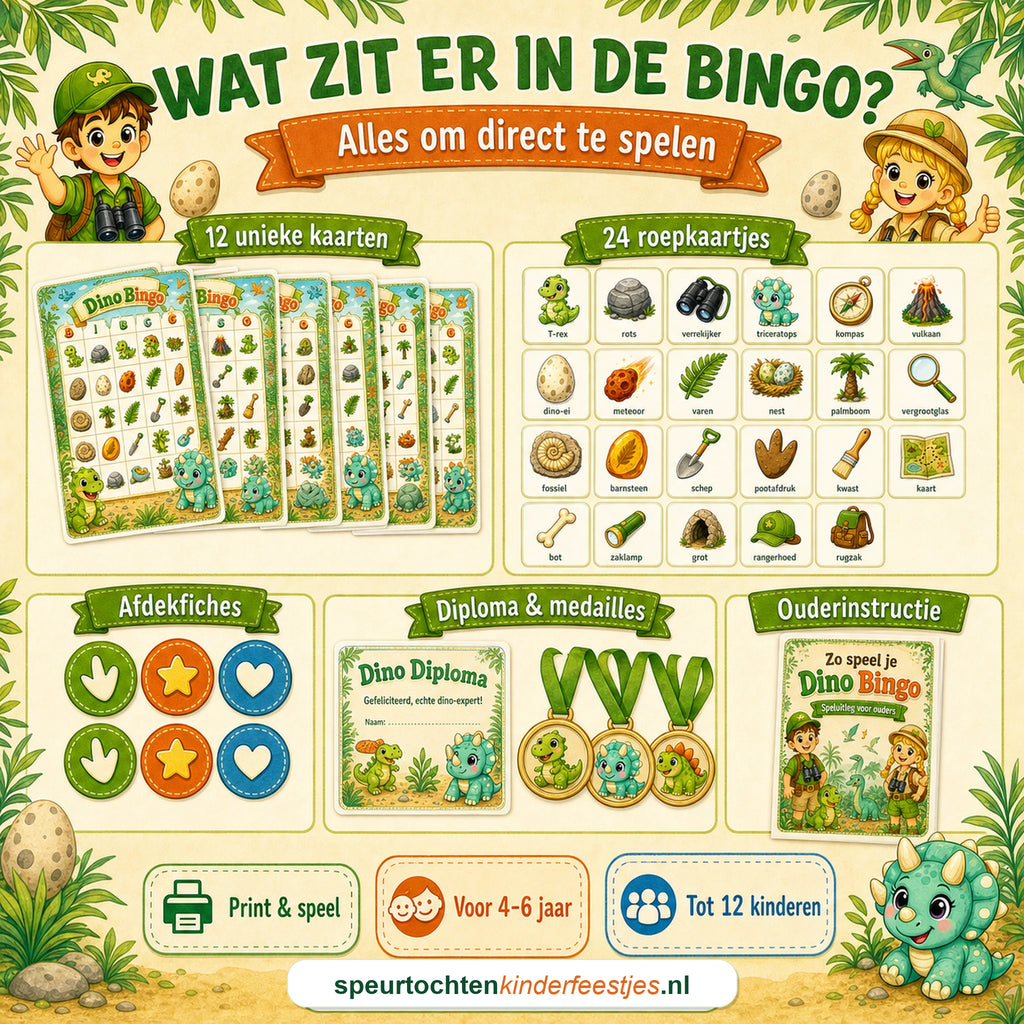 Overzicht van de Dino bingo set met 12 unieke kaarten, 24 roepkaartjes en extra's