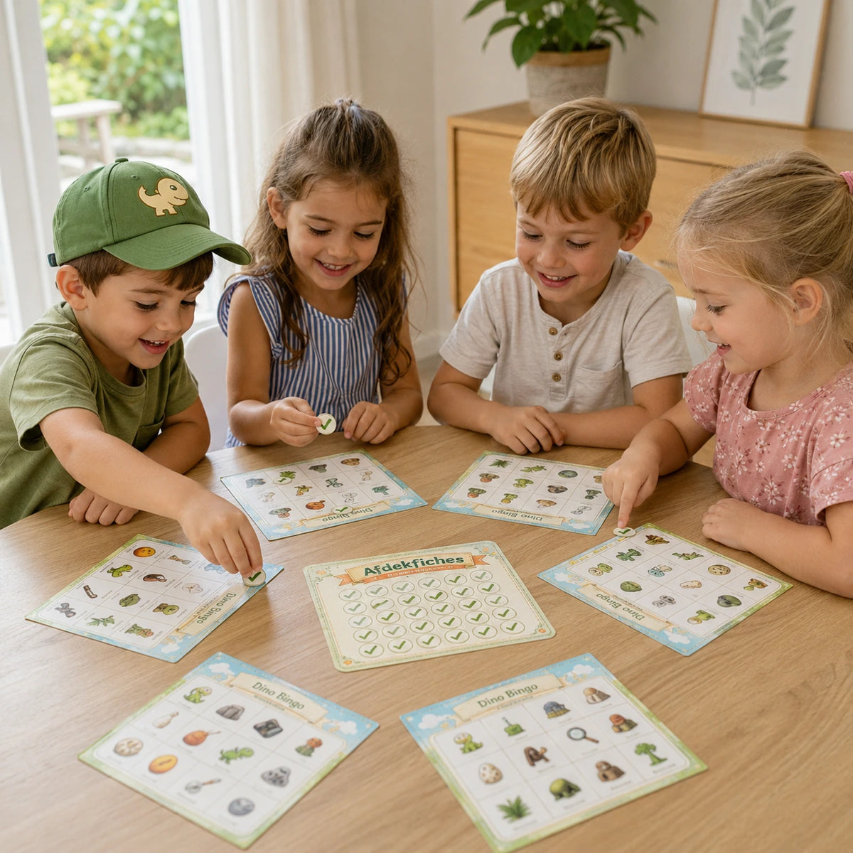 Kinderen spelen samen de Dino bingo aan tafel.