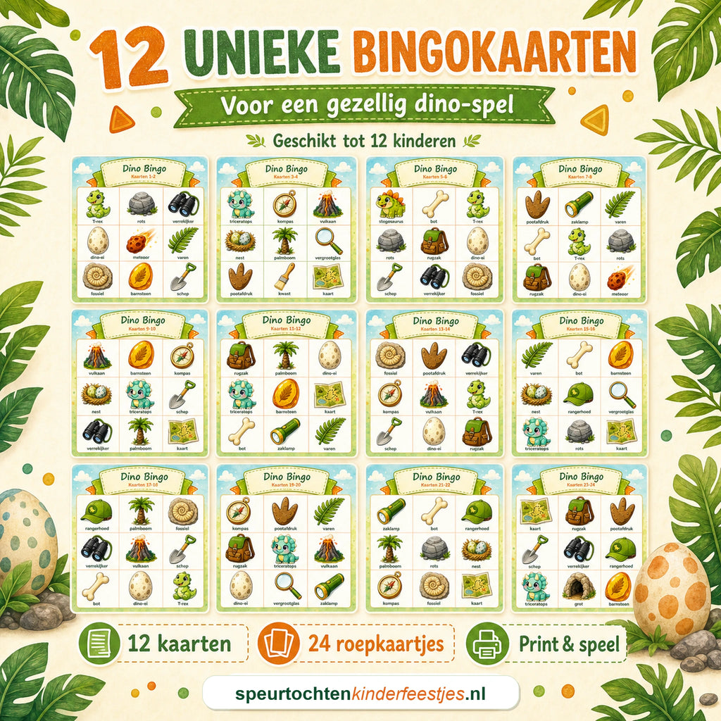 Twaalf unieke Dino bingokaarten voor kinderen van 4 tot 6 jaar
