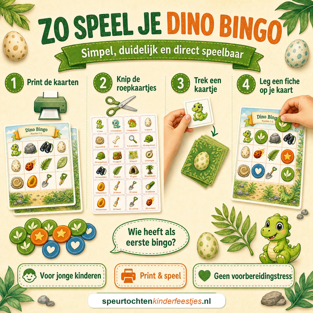 Uitlegbeeld voor het spelen van Dino bingo met kaarten, roepkaartjes en fiches