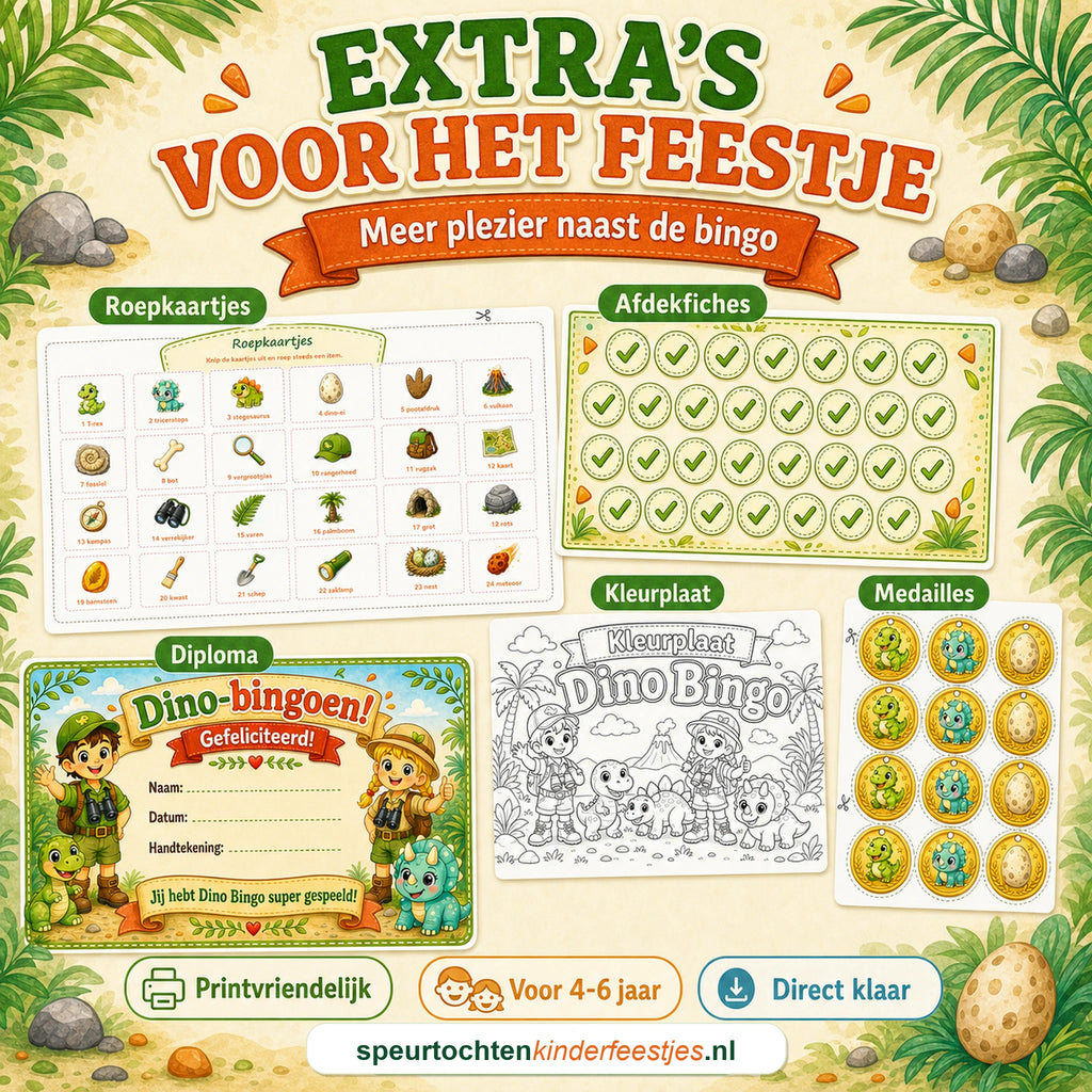 Extra printbare Dino bingo materialen zoals diploma, medailles, kleurplaat en fiches