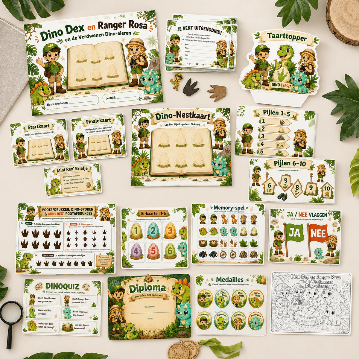 Compleet pakket van de Dino speurtocht met presentatie, printkit en draaiboek.