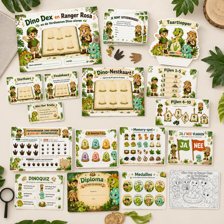Compleet pakket van de Dino speurtocht met presentatie, printkit en draaiboek.