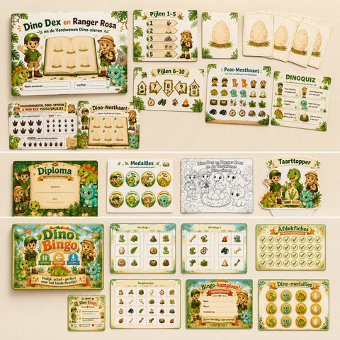 Hoofdafbeelding van de Dino kinderfeestje bundel met speurtocht en bingo.