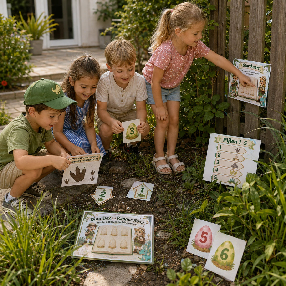 Kinderen spelen de speurtocht uit de Dino kinderfeestje bundel.