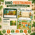 Mockup van de Dino feestbundel met speurtocht, printkit, draaiboek en bingo